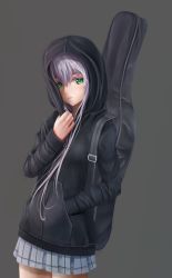 Rule 34 | 1girl, aki99, green eyes, guitar case, hand in pocket, highres, hood, hoodie, instrument case, jacket, long hair, luo tianyi, purple hair, skirt, solo, vocaloid