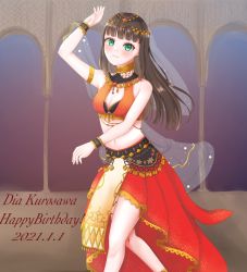 Rule 34 | 1girl, aqua eyes, arabian clothes, armlet, artist name, artist request, bare legs, bare shoulders, black hair, blunt bangs, blush, breasts, bustier, chikagepooh, cleavage, dancer, earrings, female focus, green eyes, hair ornament, harem outfit, highres, jewelry, kurosawa dia, long hair, looking at viewer, love live!, love live! school idol festival, love live! sunshine!!, mole, mole under mouth, outstretched arms, parted lips, red skirt, skirt, small breasts, smile, solo, veil