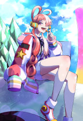 Rule 34 | 1girl, absurdres, artist request, bare legs, blue sky, breasts, dress, hair over one eye, hair rings, headphones, highres, jacket, jacket on shoulders, long hair, looking at viewer, multicolored hair, one piece, one piece film: red, oversized clothes, red hair, ribbon, short dress, sitting, sky, smile, solo, two-tone hair, uta (one piece), very long hair, white hair