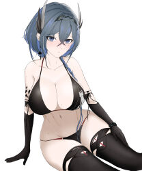 Rule 34 | 1girl, absurdres, arknights, bare shoulders, bikini, black bikini, black gloves, black hair, black hairband, black thighhighs, blue eyes, blue hair, blush, bracelet, braid, breasts, cantabile (arknights), cleavage, collarbone, elbow gloves, feather hair, gloves, hair over one eye, hairband, highres, infection monitor (arknights), jewelry, kinoko hakushaku, large breasts, long hair, looking at viewer, material growth, mole, mole on breast, mole under eye, multicolored hair, navel, oripathy lesion (arknights), parted lips, simple background, single braid, sitting, solo, swimsuit, thighhighs, two-tone hair, white background