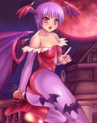 Rule 34 | 1girl, :d, alec, animal print, ass, bare shoulders, bat print, bat wings, boots, capcom, head wings, leotard, lilith aensland, moon, night, open mouth, pantyhose, print pantyhose, purple hair, purple pantyhose, purple theme, red eyes, red leotard, red moon, short hair, smile, solo, vampire (game), wings