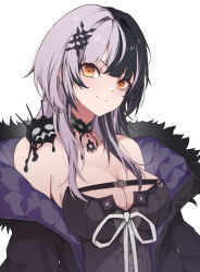 Rule 34 | 1girl, absurdres, bare shoulders, black dress, black hair, breasts, chest belt, choker, cleavage, dress, fur-trimmed jacket, fur trim, grey hair, highres, hitozche, hololive, hololive english, jacket, lace, lace choker, large breasts, long hair, looking at viewer, multicolored hair, off shoulder, shiori novella, shiori novella (1st costume), simple background, smile, solo, two-tone hair, upper body, virtual youtuber, white background, yellow eyes, yorick (shiori novella)
