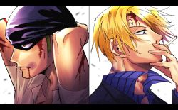 Rule 34 | 2boys, bandana, between fingers, blonde hair, blood, blood on face, cigarette, commentary request, facial hair, green hair, highres, holding, letterboxed, looking to the side, male focus, mouth hold, multiple boys, one piece, opposing sides, profile, roronoa zoro, sanji (one piece), short hair, simple background, sorase (srsrs 000), white background