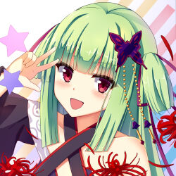 Rule 34 | 1girl, :d, absurdres, bare shoulders, blunt bangs, blunt ends, blush, butterfly hair ornament, charo (meme), close-up, commentary, company connection, criss-cross halter, flower, green hair, hair ornament, hair ribbon, halterneck, hand up, highres, hime cut, long hair, looking at viewer, meme, murasame (senren), open mouth, purple ribbon, red eyes, ribbon, senren banka, shu pian, simple background, smile, solo, spider lily, star (symbol), straight hair, tsurime, two side up, v, v over eye, yuzu-soft