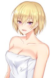 1girl bad_id bad_twitter_id bare_shoulders blonde_hair blush breasts cleavage collarbone commentary hair_between_eyes highres idolmaster idolmaster_shiny_colors large_breasts looking_at_viewer naked_towel open_mouth purple_eyes saijo_juri short_hair simple_background solo towel upper_body watarase_piro white_background