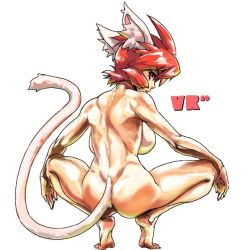 Rule 34 | 1girl, animal ears, ass, backboob, bad id, bad pixiv id, barefoot, borrowed character, breasts, cat ears, cat tail, chikuwa (tks), from behind, looking back, muscular, muscular female, nude, original, red hair, short hair, solo, spread legs, squatting, tail, tiptoes, vrco