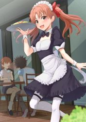 Rule 34 | 1boy, 2girls, :3, alternate costume, apron, black hair, blush, bow, breasts, brown eyes, cafe, chair, commentary, cup, enmaided, food, hair bow, highres, holding, holding tray, in the face, indoors, k3rd, kamijou touma, light brown hair, light particles, looking at viewer, maid, maid apron, maid headdress, misaka mikoto, multiple girls, omelet, omurice, open mouth, pantyhose, red bow, school uniform, shirai kuroko, short hair, sitting, small breasts, smile, spiked hair, spit take, spitting, standing, table, tea, teacup, toaru kagaku no railgun, toaru majutsu no index, tokiwadai school uniform, tray, twintails, white legwear, window, wrist cuffs