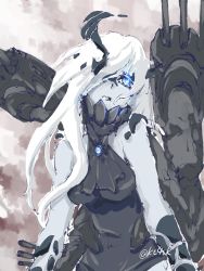 Rule 34 | 10s, 1girl, 4suke, abyssal ship, ascot, asymmetrical hair, bare shoulders, black dress, blue eyes, breasts, colored skin, debris, dress, female focus, forked tail, glowing, glowing eye, kantai collection, large breasts, long hair, ne-class heavy cruiser, short dress, sleeveless, sleeveless dress, solo, tail, turret, white hair, white skin
