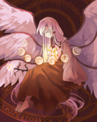 Rule 34 | 1girl, barefoot, brown dress, closed eyes, collared shirt, commentary request, dress, earrings, feathered wings, highres, invisible chair, jewelry, kaigen 1025, long hair, long sleeves, moon phases, multiple wings, sariel (touhou), shirt, sitting, smile, solo, touhou, touhou (pc-98), white hair, white shirt, white wings, wings