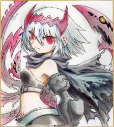 Rule 34 | 1girl, bare shoulders, belt, breasts, chiralzero, dragon: marked for death, empress (dmfd), facial scar, hair between eyes, hair ornament, highres, ink wash painting, marker (medium), midriff, navel, red eyes, scar, scar on cheek, scar on face, scarf, short hair, simple background, small breasts, solo, strapless, torn clothes, torn scarf, traditional media, tube top, white background, white hair