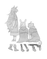 Rule 34 | 3girls, ahoge, animal ears, ankle boots, arknights, arms behind back, beagle (arknights), boots, closed mouth, coat, dress, fang (arknights), greyscale, hood, hooded coat, kroos (arknights), long hair, long sleeves, monochrome, multiple girls, open clothes, open coat, rabbit ears, short hair, simple background, sitting, smile, snsstk1, standing, tail, very long hair, white background