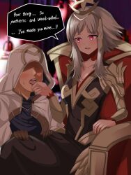 Rule 34 | 1girl, dress, english text, femdom, finger in another&#039;s mouth, fire emblem, fire emblem heroes, grey hair, highres, holding another&#039;s tongue, kiran (fire emblem), nintendo, official alternate hairstyle, princess, red eyes, short hair, sidelocks, tagme, throne, tiara, toshimasa, veronica (fire emblem)