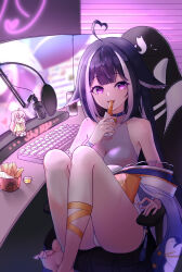 Rule 34 | 1girl, absurdres, ahoge, animal ears, barefoot, belt collar, black hair, blue collar, breasts, chair, churro, cleavage, collar, eating, food, gaming chair, heart, heart ahoge, highres, indie virtual youtuber, keyboard (computer), large breasts, long hair, looking at viewer, microphone, monitor, multicolored hair, nadesiko97, on chair, one-piece swimsuit, orca girl, purple eyes, see-through, see-through cleavage, see-through swimsuit, shylily, shylily (3rd costume), smile, solo, streaked hair, swimsuit, swivel chair, thigh strap, virtual youtuber, white hair, white one-piece swimsuit