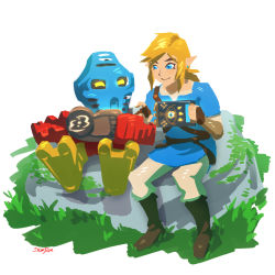 Rule 34 | 2boys, bionicle, blonde hair, blue eyes, boots, crossover, fingerless gloves, gloves, highres, link, mask, moss, multiple boys, nintendo, pointy ears, robot, rock, stup-jam, takua, the legend of zelda, the legend of zelda: breath of the wild, the lego group, trait connection, tunic, yellow eyes