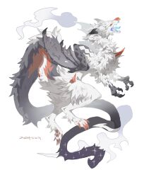 Rule 34 | animal focus, blue tongue, claws, colored tongue, dated, dragon wings, from side, full body, highres, monster, no humans, nose piercing, nose ring, open mouth, orange eyes, original, pawpads, piercing, qi00000001, simple background, slit pupils, solo, tail, white background, white fur, wings