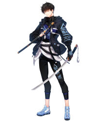 Rule 34 | 1boy, absurdres, black gloves, black hair, black jacket, black pants, black shirt, blue footwear, chulsoo kim (closers), closed eyes, closers, clothes writing, fingerless gloves, full body, gloves, hand up, highres, holding, holding sheath, holding sword, holding weapon, hood, hood down, hooded jacket, jacket, katana, legs apart, long sleeves, looking at viewer, male focus, official art, open clothes, open jacket, pants, parted lips, puffy long sleeves, puffy sleeves, sheath, shirt, shoes, short hair, sneakers, solo, standing, sword, tachi-e, tassel, two-tone shirt, unsheathed, weapon, white background, white shirt