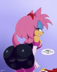 Rule 34 | 1girl, amy rose, ass, bare shoulders, bigdon 92, bodysuit, breasts, come hither, cosplay, dress, elbow gloves, english text, from behind, furry, furry female, gloves, green eyes, hairband, highres, huge ass, large breasts, leaning, leaning forward, looking at viewer, naughty face, pink hair, rouge the bat, rouge the bat (cosplay), shiny clothes, shiny skin, short hair, sideboob, skin tight, smile, solo, sonic (series), tail