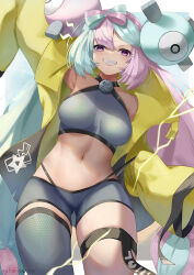 Rule 34 | 1girl, bare shoulders, black shorts, blue hair, blush, bow-shaped hair, breasts, character hair ornament, creatures (company), cyicheng, game freak, grin, hair ornament, iono (pokemon), jacket, light blue hair, long hair, long sleeves, looking at viewer, low twintails, medium breasts, multicolored hair, navel, nintendo, pink hair, pokemon, pokemon sv, purple eyes, sharp teeth, shorts, sleeves past fingers, sleeves past wrists, smile, solo, split-color hair, teeth, twintails, yellow jacket