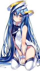 Rule 34 | 1girl, aqua hair, bare arms, bare shoulders, blush, china dress, chinese clothes, collar, commentary request, dress, floating headgear, groin, hair down, halo, hatsune miku, headgear, highres, kurebayashi noe, long hair, looking at viewer, messy hair, multicolored hair, no panties, pelvic curtain, simple background, sleeveless, sleeveless dress, solo, streaked hair, thighhighs, thighs, very long hair, vocaloid, white background, white thighhighs, wrist cuffs, yellow eyes, zettai ryouiki