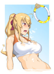 Rule 34 | 1girl, ahoge, blonde hair, blue background, blush, border, breast suppress, breasts, dyun, empty eyes, exhausted, hair ribbon, highres, large breasts, navel, nijisanji, open mouth, ponytail, red eyes, red ribbon, ribbon, ring-con, ring fit adventure, solo, sports bra, takamiya rion, upper body, virtual youtuber, white border