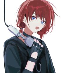 Rule 34 | 1girl, black choker, black gloves, black hoodie, blue eyes, choker, commentary, fingerless gloves, girls band cry, gloves, highres, holding, holding microphone, hood, hood down, hoodie, iseri nina, long sleeves, looking at viewer, low twintails, microphone, open mouth, red hair, short hair, short twintails, simple background, siy (shengxiu760722), solo, twintails, upper body, white background