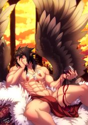 Rule 34 | 1boy, abs, bara, black hair, bulge, crescentia fortuna, cup, drinking glass, elbow rest, feather necklace, feathered wings, feet out of frame, fire emblem, fire emblem: radiant dawn, highres, holding, holding cup, large pectorals, male focus, medium hair, muscular, muscular male, navel, nintendo, nipples, nude, pectorals, pelvic curtain, pointy ears, scar, scar on chest, sidelocks, solo, spilling, spread legs, spread wings, stomach, sunset, thick thighs, thighs, tibarn (fire emblem), wine glass, wings, yellow eyes