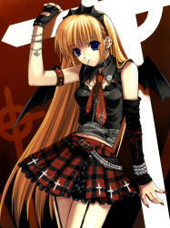 Rule 34 | 1girl, armband, bat wings, belt, blonde hair, blue eyes, collar, cross, detached sleeves, earrings, fingerless gloves, fingernails, garter straps, gloves, goth fashion, hairband, highres, jewelry, latin cross, long fingernails, long hair, midriff, miniskirt, mouth hold, nail polish, necktie, plaid, red nails, skirt, smile, solo, suzuhira hiro, very long hair, wings
