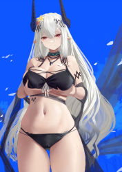 Rule 34 | 1girl, absurdres, arknights, arm strap, bare shoulders, bikini, black bikini, black hair, blue sky, breast hold, breasts, cleavage, closed mouth, collar, collarbone, cowboy shot, day, female focus, flower, gluteal fold, gradient hair, hair flower, hair ornament, highres, horns, infection monitor (arknights), jewelry, large breasts, looking at viewer, lwj, material growth, mudrock (arknights), mudrock (silent night) (arknights), multicolored hair, necklace, official alternate costume, oripathy lesion (arknights), outdoors, petals, pointy ears, red eyes, shawl, silver hair, sky, solo, straight hair, swimsuit, thigh gap, thighs, yellow flower