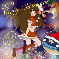 Rule 34 | 1girl, brown eyes, brown hair, charizard, christmas, closed eyes, closed mouth, clothed pokemon, creatures (company), delibird, dress, game freak, gen 1 pokemon, gen 2 pokemon, gen 3 pokemon, green (pokemon), hat, highres, horns, long hair, looking at viewer, midriff, nintendo, pokemon, pokemon (creature), pokemon lgpe, red skirt, santa costume, santa hat, skirt, smile, whiscash
