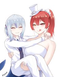 Rule 34 | 2girls, ^ ^, absurdres, arms around neck, artist name, bare shoulders, blue hair, blunt bangs, blush, breasts, carrying, closed eyes, collarbone, dress, female focus, fins, fish tail, formal, gawr gura, grin, hat, heterochromia, highres, hololive, hololive english, houshou marine, lazier, licking lips, medium breasts, mini hat, multicolored hair, multiple girls, ponytail, princess carry, red eyes, shark tail, silver hair, smile, streaked hair, suit, tail, tongue, tongue out, virtual youtuber, wedding dress, white headwear, white suit, yellow eyes, yuri