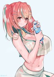 Rule 34 | 1girl, alternate hair color, azur lane, bare shoulders, bottle, bow, breasts, bremerton (azur lane), bremerton (scorching-hot training) (azur lane), commentary request, crop top, crop top overhang, green hair, hair between eyes, hair bow, hair ornament, hairclip, heart, heart necklace, highres, holding, holding bottle, jewelry, large breasts, long hair, looking at viewer, multicolored hair, navel, necklace, no mole, pink hair, piyopoyo, see-through, smile, sportswear, streaked hair, sweat, tennis uniform, twintails, twitter username, two-tone hair, two-tone shirt, two-tone skirt, water bottle, x hair ornament