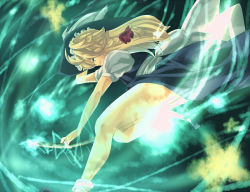 Rule 34 | 1girl, bare legs, blonde hair, blue dress, dress, female focus, from side, full body, kirisame marisa, long hair, looking at viewer, looking to the side, magic, profile, puffy short sleeves, puffy sleeves, short sleeves, sio, sio (rough), solo, star (symbol), thighs, touhou, very long hair