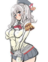 Rule 34 | 1girl, beret, blue eyes, blush, breasts, double bun, epaulettes, finger to cheek, gloves, hat, hey taisyou, highres, kantai collection, kashima (kancolle), long hair, looking at viewer, medium breasts, silver hair, simple background, sketch, skirt, smile, solo, standing, twintails, white background, white gloves