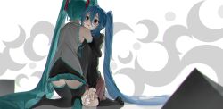 Rule 34 | 2girls, absurdres, aqua hair, aqua neckerchief, bags under eyes, bandaid, bandaid on cheek, bandaid on face, bandaid on hand, bandaid on knee, bandaid on leg, bare shoulders, black footwear, black skirt, black socks, blood, blood on face, blue hair, bruise, bruise on face, chromatic aberration, clone, collared shirt, colored shoe soles, comforting, commentary, crescent, crying, crying with eyes open, detached sleeves, dried blood, dual persona, empty eyes, facing away, grey shirt, hair between eyes, hair ornament, hair over shoulder, hand on own knee, hatsune miku, highres, hug, injury, kneehighs, kneeling, loafers, long hair, long sleeves, looking ahead, multiple girls, neckerchief, nosebleed, oneselt, parted lips, pink skirt, rolling girl (vocaloid), sad, school uniform, shirt, shoes, sitting, skirt, socks, tears, thighhighs, twintails, very long hair, vocaloid, wariza, white background