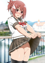 Rule 34 | 1girl, blush, breasts, clothes lift, hair between eyes, hair ornament, hair ribbon, hakase yurisuki, lifted by self, long hair, looking at viewer, medium breasts, no panties, no pussy, open mouth, red eyes, red hair, ribbon, sanshuu middle school uniform, school uniform, serafuku, short hair, skirt, skirt lift, smile, solo, standing, thighhighs, uniform, yuuki yuuna, yuuki yuuna wa yuusha de aru, yuusha de aru