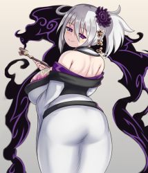 Rule 34 | 1girl, ass, aura, bare back, bare shoulders, breast tattoo, breasts, commentary, curvy, dark aura, flower, from behind, gradient background, hair between eyes, hair flower, hair ornament, highres, huge breasts, japanese clothes, kimono, kiseru, looking at viewer, looking back, monster girl encyclopedia, nav (itsnav), nurarihyon (monster girl encyclopedia), off shoulder, purple eyes, shoulder blades, silver hair, simple background, smile, smoke, smoking pipe, solo, tattoo