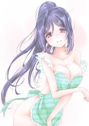 Rule 34 | 10s, 1girl, apron, areola slip, blue hair, breasts, cleavage, frapowa, heart, large breasts, long hair, looking at viewer, love live!, love live! school idol festival, love live! sunshine!!, matsuura kanan, naked apron, no bra, off shoulder, parted lips, purple eyes, smile, solo, sparkle, standing, teeth