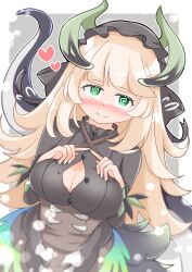 1girl @_@ absurdres black_dress black_hat black_tail black_wings blonde_hair blurry blurry_background blush breasts bursting_breasts chamber_dragonmaid cleavage cowboy_shot dragon_girl dragon_horns dragon_tail dragon_wings dress duel_monster green_eyes hat heart highres horns large_breasts long_hair low_wings maid mob_cap solo tail tomaton wings yu-gi-oh!