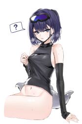 Rule 34 | 1girl, ?, andreana (arknights), andreana (elite ii) (arknights), arknights, bare shoulders, black mask, black shirt, black sleeves, blue eyes, blue hair, bottomless, commentary, commentary request, detached sleeves, double-parted bangs, goggles, goggles on head, heavy breathing, highres, horn/wood, invisible chair, looking at viewer, mask, mask lift, mouth mask, navel, parted lips, shirt, shirt hold, short hair, simple background, sitting, solo, spoken question mark, squid girl, turtleneck, turtleneck shirt, twintails, white background
