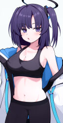 Rule 34 | 1girl, black pants, black sports bra, blue archive, blush, breasts, cleavage, collarbone, cowboy shot, halo, highres, jacket, large breasts, long hair, looking at viewer, mechanical halo, navel, open clothes, open jacket, open mouth, pants, purple eyes, purple hair, simple background, solo, sports bra, two side up, white background, white jacket, yun (kbdenz9), yuuka (blue archive)