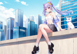 Rule 34 | 1girl, alternate costume, animal, bare legs, bare shoulders, belt, black choker, black footwear, black skirt, bow, braid, breasts, building, camisole, cat, choker, cityscape, closed mouth, cone hair bun, contemporary, crop top, day, floating hair, ge zhong kuaile, genshin impact, hair bow, hair bun, highres, jacket, keqing (genshin impact), long hair, looking at viewer, medium breasts, midriff, miniskirt, navel, off shoulder, open clothes, open jacket, outdoors, pleated skirt, purple eyes, purple hair, purple jacket, shirt, shoes, short sleeves, sitting, skirt, sleeveless, sleeveless shirt, smile, socks, solo, spaghetti strap, stomach, thighs, twintails, v-shaped eyebrows, white cat, white shirt, white socks