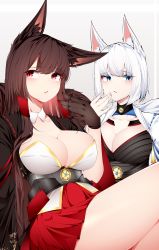 Rule 34 | 2girls, absurdres, akagi (azur lane), animal ear fluff, animal ears, azur lane, bare legs, belt, black gloves, black kimono, blue eyes, blunt bangs, breasts, brown hair, brown tail, cleavage, collar, collarbone, commentary, dated commentary, ear down, eyebrows, fox ears, from side, gloves, hair over shoulder, hair tubes, hakama, hands up, head tilt, highres, japanese clothes, kaga (azur lane), kimono, kitsune, kyuubi, large breasts, long hair, medium hair, multiple girls, multiple tails, obi, parted lips, red eyes, red hakama, samip, sash, sidelocks, simple background, sitting, slit pupils, symbol-only commentary, tail, teeth, thighs, traditional clothes, white background, white hair, white kimono, white tail
