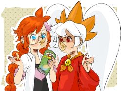 Rule 34 | 2girls, ascot, ashley (warioware), blue eyes, blush stickers, braid, can, chips (food), drawfag, food, freckles, glasses, headdress, jewelry, lab coat, long hair, multiple girls, necklace, nintendo, orange hair, penny crygor, potato chips, pringle duck, pringles, red eyes, skull necklace, twin braids, twintails, upper body, warioware, white hair, wide sleeves