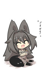 Rule 34 | 1girl, :d, ^ ^, absurdres, animal ear fluff, animal ears, black hair, black thighhighs, blush stickers, brown dress, brown footwear, brown shirt, chibi, closed eyes, dress, fang, food, food on face, goma (gomasamune), highres, holding, holding food, long sleeves, open mouth, original, plaid, plaid dress, roasted sweet potato, shirt, shoes, sleeveless, sleeveless dress, smile, solo, strap slip, sweet potato, tail, thighhighs, translation request, white background, roasted sweet potato