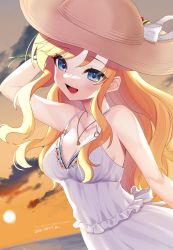 Rule 34 | 1girl, :d, arm up, bare arms, bare shoulders, blonde hair, blue eyes, blush, bow, breasts, brown hat, character name, cleavage, cloud, collarbone, cowboy shot, dated, dress, evening, frilled dress, frills, happy birthday, hat, hat bow, hat ornament, highres, idolmaster, idolmaster cinderella girls, jewelry, long hair, looking at viewer, medium breasts, necklace, ohtsuki yui, open mouth, orange sky, sidelocks, sky, smile, solo, sun, sun hat, sunset, very long hair, white bow, yam (htt)