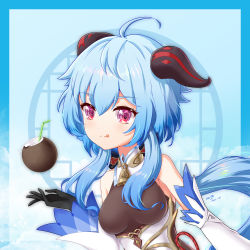 Rule 34 | :p, ahoge, bare shoulders, bell, black gloves, blue hair, blush, bow, breasts, coconut, detached sleeves, drinking straw, fruit cup, ganyu (genshin impact), genshin impact, gloves, gold trim, highres, horns, long hair, looking at viewer, medium breasts, miaoxfv, neck bell, purple eyes, sidelocks, solo, tongue, tongue out, upper body, white sleeves
