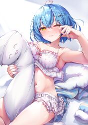 Rule 34 | 1girl, absurdres, ahoge, armpits, blue hair, blue jacket, blush, bob cut, breasts, camisole, character doll, character hair ornament, crossed bangs, daifuku (yukihana lamy), double-parted bangs, frilled camisole, frilled skirt, frills, hair between eyes, hair ornament, hairclip, hand up, heart, heart ahoge, highres, hololive, jacket, unworn jacket, large breasts, looking at viewer, lying, messy hair, midriff, multicolored hair, navel, official alternate costume, official alternate hair length, official alternate hairstyle, on back, on bed, one eye closed, pajamas, pointy ears, polka dot, polka dot camisole, polka dot skirt, rubbing eyes, short hair, skirt, sleepwear, solo, streaked hair, tmo-cat, virtual youtuber, waking up, white camisole, yamenaa (momosuzu nene), yellow eyes, yukihana lamy, yukihana lamy (loungewear)
