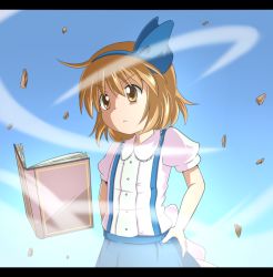 Rule 34 | 1girl, alice margatroid, alice margatroid (pc-98), blonde hair, book, female focus, floating book, hairband, letterboxed, mikan imo, mystic square, ribbon, solo, touhou, touhou (pc-98), yellow eyes