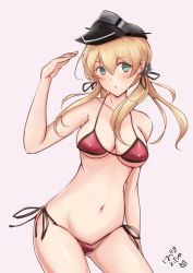 Rule 34 | 1girl, :o, anchor hair ornament, aqua eyes, arm at side, arm up, bare arms, bare shoulders, bikini, black ribbon, blush, breasts, cleavage, collarbone, contrapposto, cowboy shot, flat cap, grey hat, hair ornament, hat, hazuki futahi, kantai collection, leaning to the side, long hair, looking at viewer, low twintails, medium breasts, navel, parted lips, pink background, prinz eugen (kancolle), red bikini, ribbon, side-tie bikini bottom, simple background, solo, standing, stomach, string bikini, swimsuit, tareme, twintails, underboob