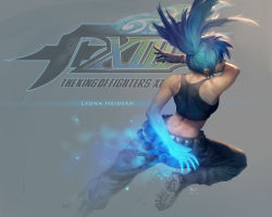 Rule 34 | 1girl, arm behind back, black tank top, blue hair, boots, character name, closed eyes, combat boots, fighting stance, gloves, hand on back, highres, kokecit, leona heidern, light particles, logo, military, military uniform, muscular, muscular female, pants, ponytail, solo, tank top, the king of fighters, the king of fighters xiii, toned, twisted torso, uniform